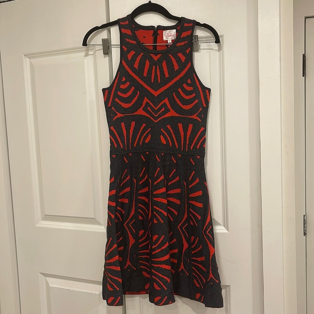 Parker fit and flare charcoal and orange NWT dress size small